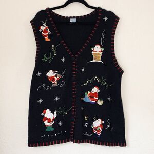 VTG Holiday Editions Sweater Vest Women XL Black 90s Christmas Santa Grandma‎